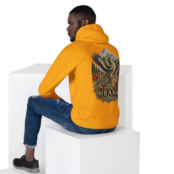 Gold Simurgh Iran unisex hoodie, back view with Simurgh, the mythical bird of Persia, above snowy mountains design