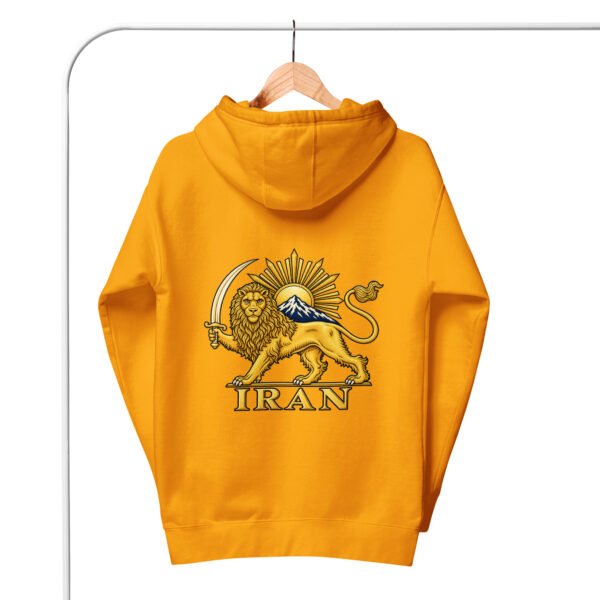 Gold Lion and Sun Damavand unisex hoodie, back view with Lion and Sun emblem and IRAN design