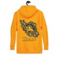Gold Lion and Sun Map of Iran unisex hoodie, back view with map of Iran with Persian tilework and Lion and Sun design