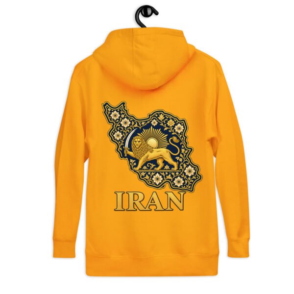 Gold Lion and Sun Map of Iran unisex hoodie, back view with map of Iran with Persian tilework and Lion and Sun design