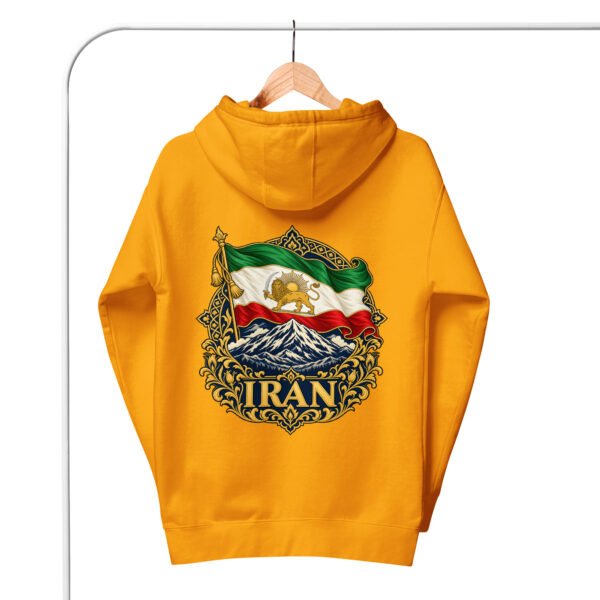 unisex-premium-pullover-hoodie-team-gold-back-6acba6c36fe74.jpg Gold Iran Lion and Sun Flag unisex hoodie, back view with Lion and Sun flag over Mount Damavand design