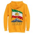 Gold Lion and Sun Flag unisex hoodie, back view with waving Lion and Sun flag over Mount Damavand design