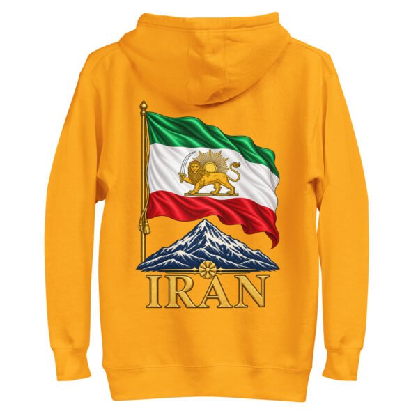 Gold Lion and Sun Flag unisex hoodie, back view with waving Lion and Sun flag over Mount Damavand design