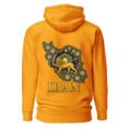 Gold Reza Shah Lion and Sun unisex hoodie, back view with map of Iran with Persian tilework and Lion and Sun design