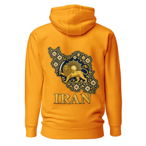 Gold Reza Shah Lion and Sun unisex hoodie, back view with map of Iran with Persian tilework and Lion and Sun design