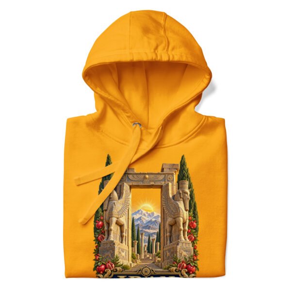 unisex-premium-pullover-hoodie-team-gold-front-6acb94f83b364.jpg Gold Gate of All Nations Iran unisex hoodie with Gate of All Nations with winged Lamassu guardians and rising sun design, front view