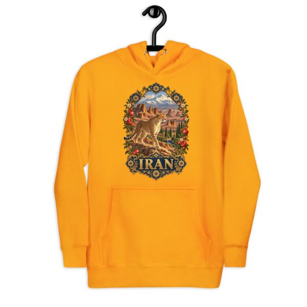 Gold Iranian Cheetah unisex hoodie with Iranian cheetah in a desert canyon design, front view
