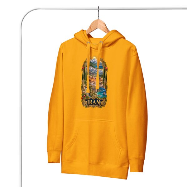 Gold Tomb of Cyrus Iran unisex hoodie with panorama of Iran’s mountains, lakes, deserts and sea design, front view