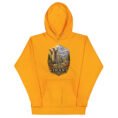 Gold Persian Garden Iran unisex hoodie with ancient Persian columns before snowy mountains design, front view