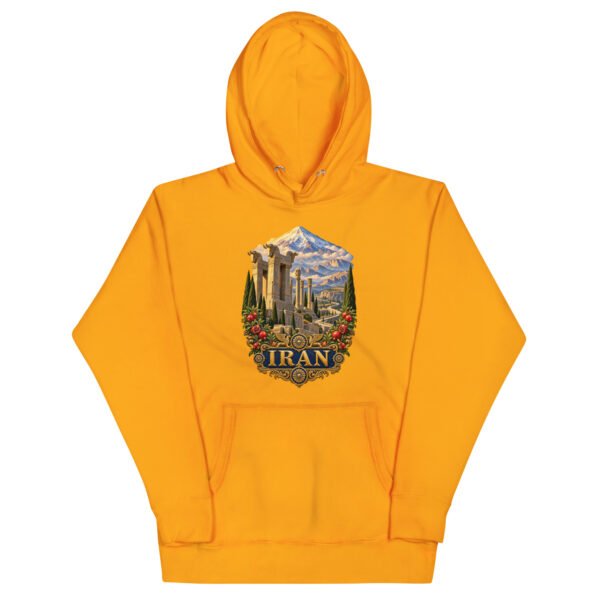 Gold Persian Garden Iran unisex hoodie with ancient Persian columns before snowy mountains design, front view