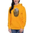 Gold Persian Garden Iran unisex hoodie with ancient Persian columns before snowy mountains design, front view