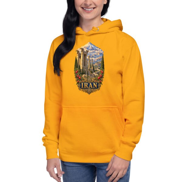 Gold Persian Garden Iran unisex hoodie with ancient Persian columns before snowy mountains design, front view