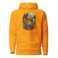 Gold Silk Road Iran unisex hoodie with Iranian horse in the mountains design, front view