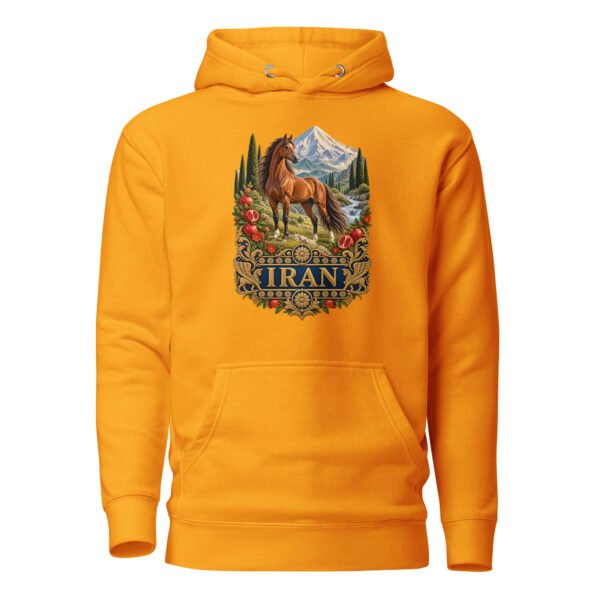 Gold Silk Road Iran unisex hoodie with Iranian horse in the mountains design, front view