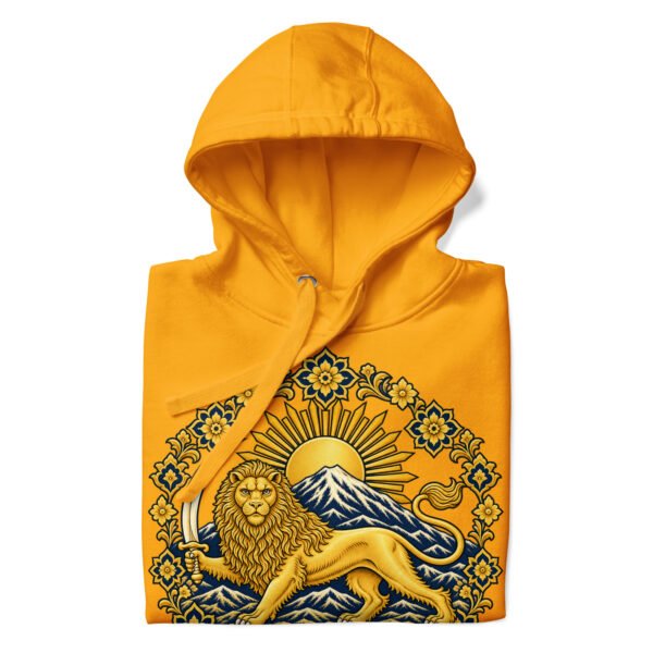 Gold Lion and Sun Damavand unisex hoodie, front with golden Lion and Sun with Mount Damavand design