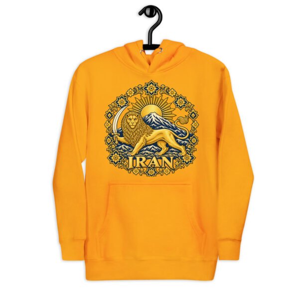Gold Lion and Sun Map of Iran unisex hoodie, front with Lion and Sun medallion design