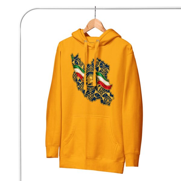unisex-premium-pullover-hoodie-team-gold-front-6acba6c36e052.jpg Gold Iran Lion and Sun Flag unisex hoodie, front with map of Iran with tricolor ribbon and Lion and Sun design