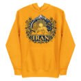 Gold Lion and Sun Flag unisex hoodie, front with golden Lion and Sun crest with Damavand design