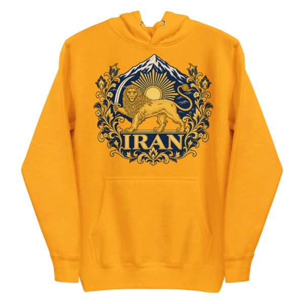 Gold Lion and Sun Flag unisex hoodie, front with golden Lion and Sun crest with Damavand design