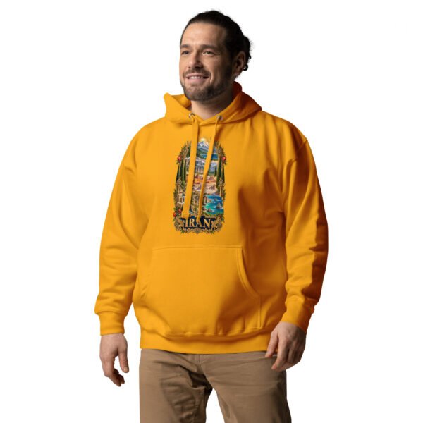 Gold Tomb of Cyrus Iran unisex hoodie with panorama of Iran’s mountains, lakes, deserts and sea design, front view
