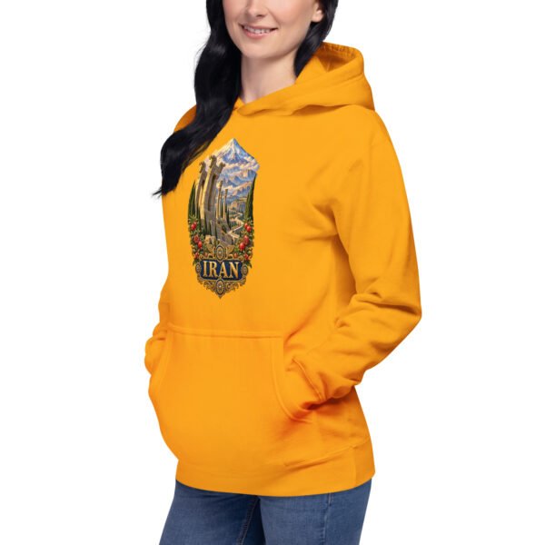 Gold Persian Garden Iran unisex hoodie with ancient Persian columns before snowy mountains design, front view