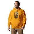 Gold Silk Road Iran unisex hoodie with Iranian horse in the mountains design, front view