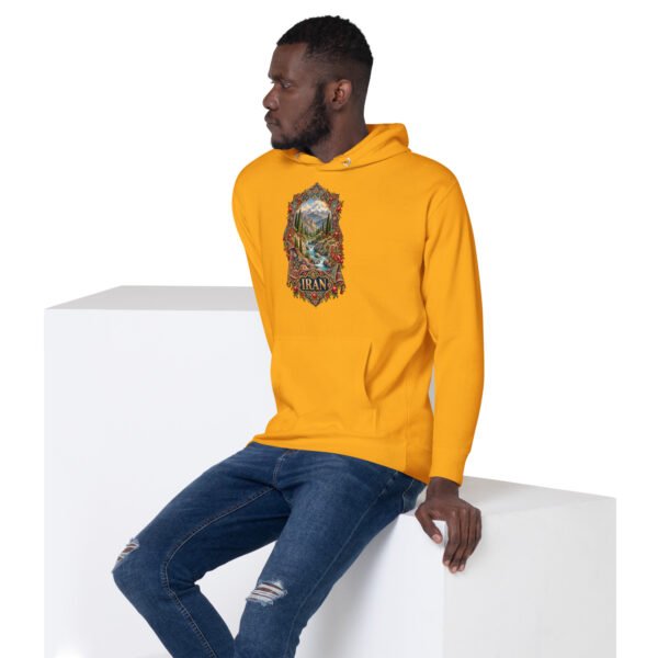 Gold Simurgh Iran unisex hoodie with mountain valley with a stream, cypress trees and pomegranates design, front view
