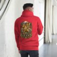 Red Gate of All Nations Iran unisex hoodie, back view with golden Achaemenid winged rhyton with ibex design