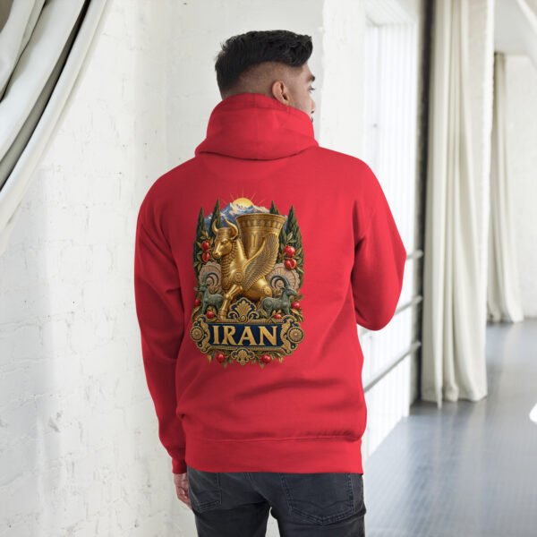 unisex-premium-pullover-hoodie-team-red-back-6acb94f83ccfc.jpg Red Gate of All Nations Iran unisex hoodie, back view with golden Achaemenid winged rhyton with ibex design