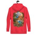 Red Iranian Cheetah unisex hoodie, back view with Iran’s landscapes from Mount Damavand to the Persian Gulf design