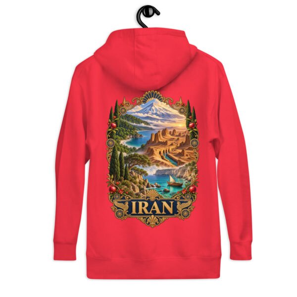 Red Iranian Cheetah unisex hoodie, back view with Iran’s landscapes from Mount Damavand to the Persian Gulf design