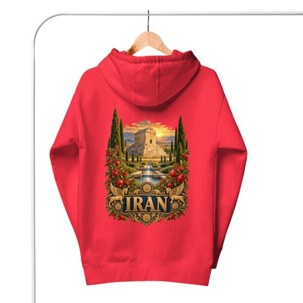 Red Tomb of Cyrus Iran unisex hoodie, back view with Tomb of Cyrus the Great at Pasargadae at sunset design