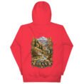 Red Persian Garden Iran unisex hoodie, back view with Persian garden with flowing water channels and arches design