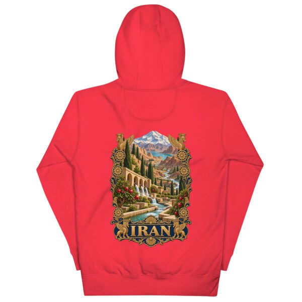 Red Persian Garden Iran unisex hoodie, back view with Persian garden with flowing water channels and arches design