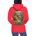 Red Persian Garden Iran unisex hoodie, back view with Persian garden with flowing water channels and arches design