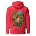 Red Silk Road Iran unisex hoodie, back view with Persian caravanserai and camel caravan on the Silk Road design