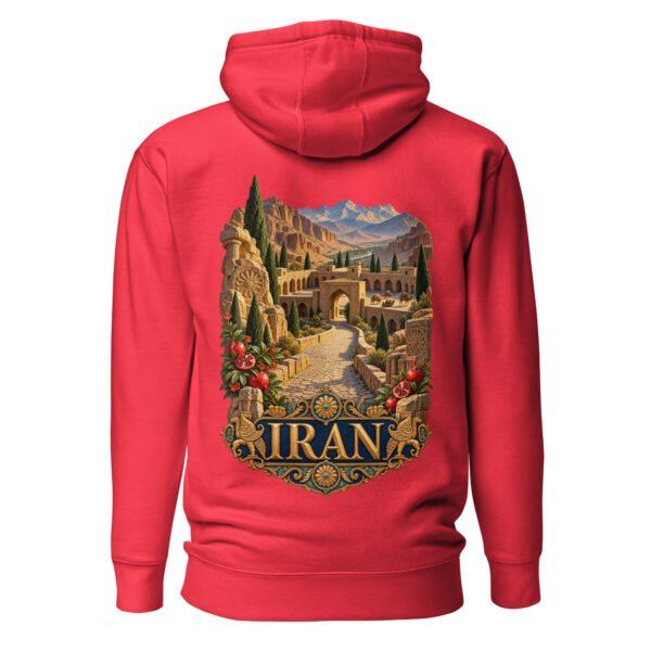 Red Silk Road Iran unisex hoodie, back view with Persian caravanserai and camel caravan on the Silk Road design