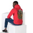 Red Simurgh Iran unisex hoodie, back view with Simurgh, the mythical bird of Persia, above snowy mountains design