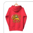 Red Lion and Sun Damavand unisex hoodie, back view with Lion and Sun emblem and IRAN design