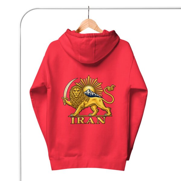 Red Lion and Sun Damavand unisex hoodie, back view with Lion and Sun emblem and IRAN design