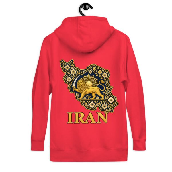 Red Lion and Sun Map of Iran unisex hoodie, back view with map of Iran with Persian tilework and Lion and Sun design