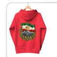 Red Iran Lion and Sun Flag unisex hoodie, back view with Lion and Sun flag over Mount Damavand design