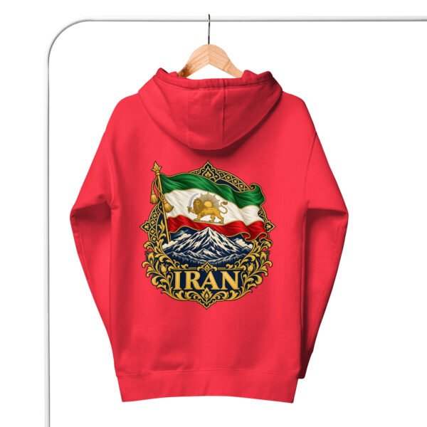 unisex-premium-pullover-hoodie-team-red-back-6acba6c36fdf3.jpg Red Iran Lion and Sun Flag unisex hoodie, back view with Lion and Sun flag over Mount Damavand design
