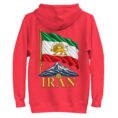 Red Lion and Sun Flag unisex hoodie, back view with waving Lion and Sun flag over Mount Damavand design