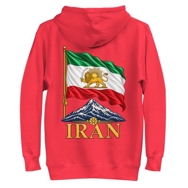 Red Lion and Sun Flag unisex hoodie, back view with waving Lion and Sun flag over Mount Damavand design