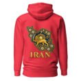Red Reza Shah Lion and Sun unisex hoodie, back view with map of Iran with Persian tilework and Lion and Sun design