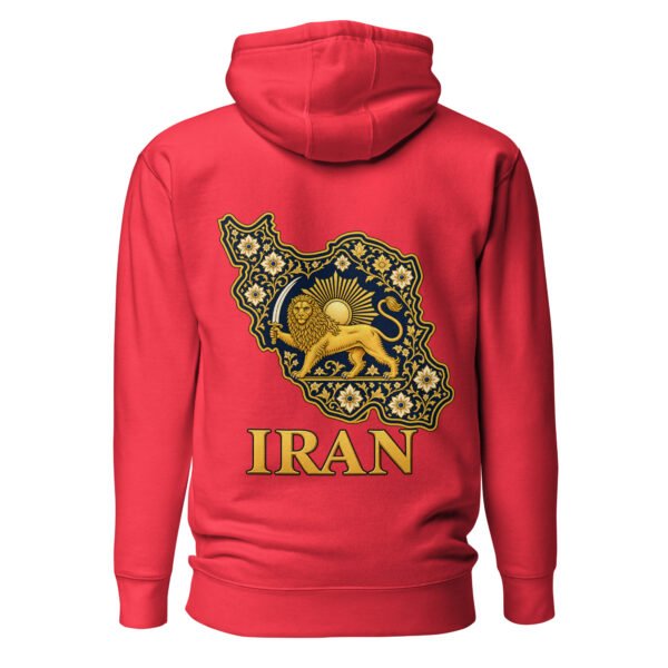 Red Reza Shah Lion and Sun unisex hoodie, back view with map of Iran with Persian tilework and Lion and Sun design