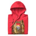 Red Gate of All Nations Iran unisex hoodie with Gate of All Nations with winged Lamassu guardians and rising sun design, front view
