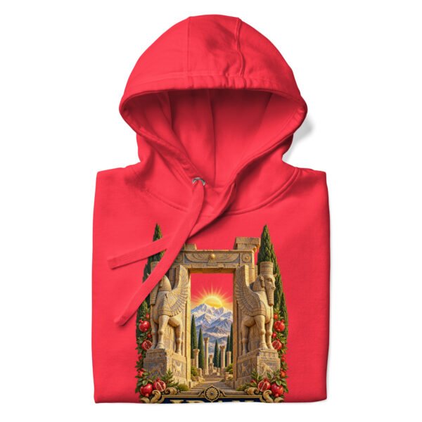 unisex-premium-pullover-hoodie-team-red-front-6acb94f83b2e0.jpg Red Gate of All Nations Iran unisex hoodie with Gate of All Nations with winged Lamassu guardians and rising sun design, front view