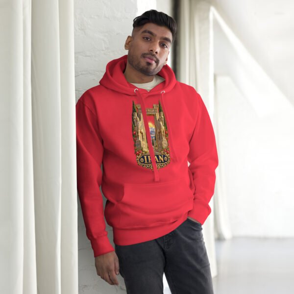 unisex-premium-pullover-hoodie-team-red-front-6acb94f83bff0.jpg Red Gate of All Nations Iran unisex hoodie with Gate of All Nations with winged Lamassu guardians and rising sun design, front view